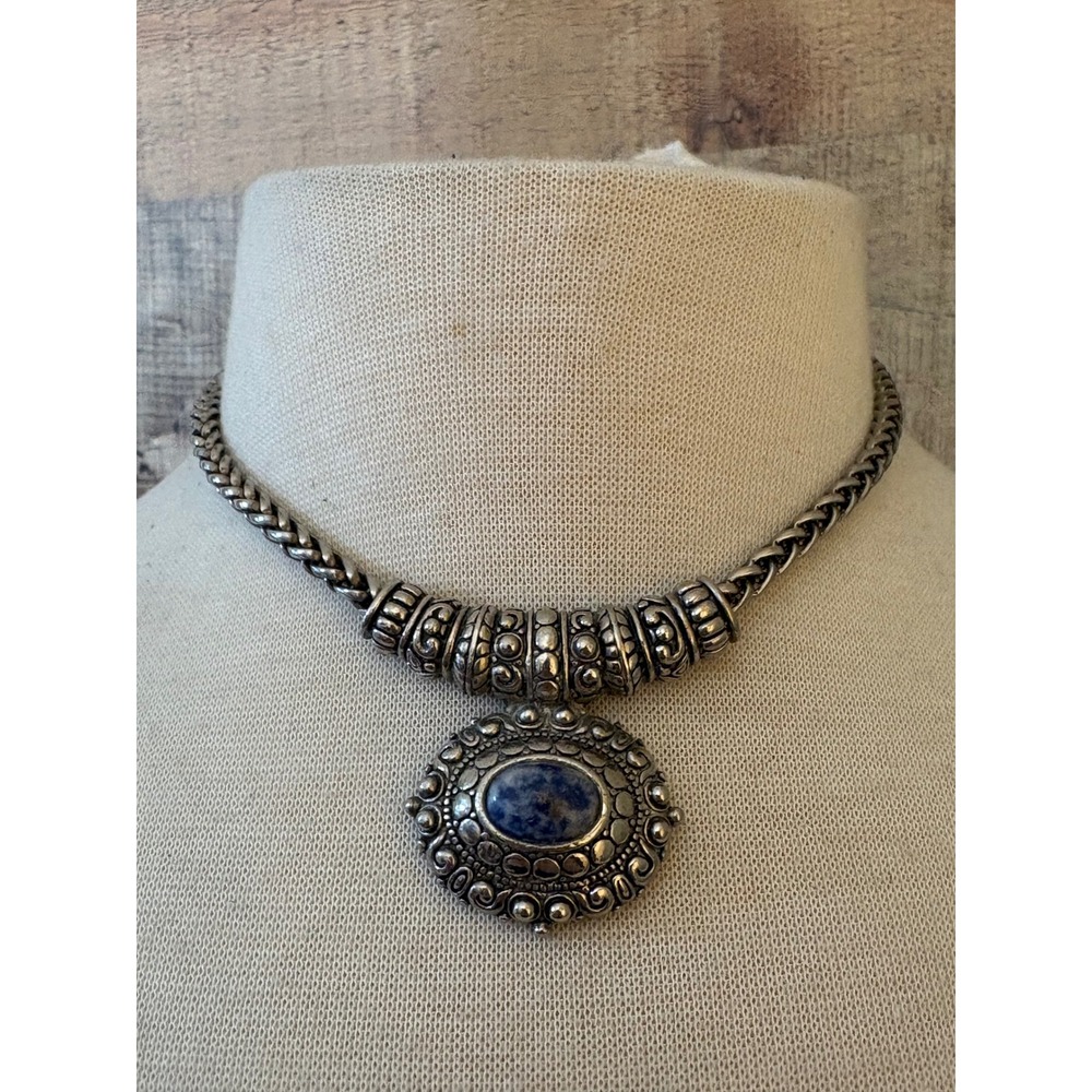Vintage Style Silver Tone Sodalite Pendant Wheat Chain Choker Magnetic Clasp 16"